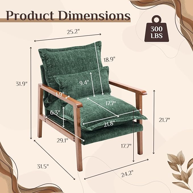Karl home Midcentury Accent Chair for Living Room Chenille Upholstered Lounge Armchair with Lumbar Pillow Ruffle-Designed Cozy Reading Chair with Wood Legs Dark Green