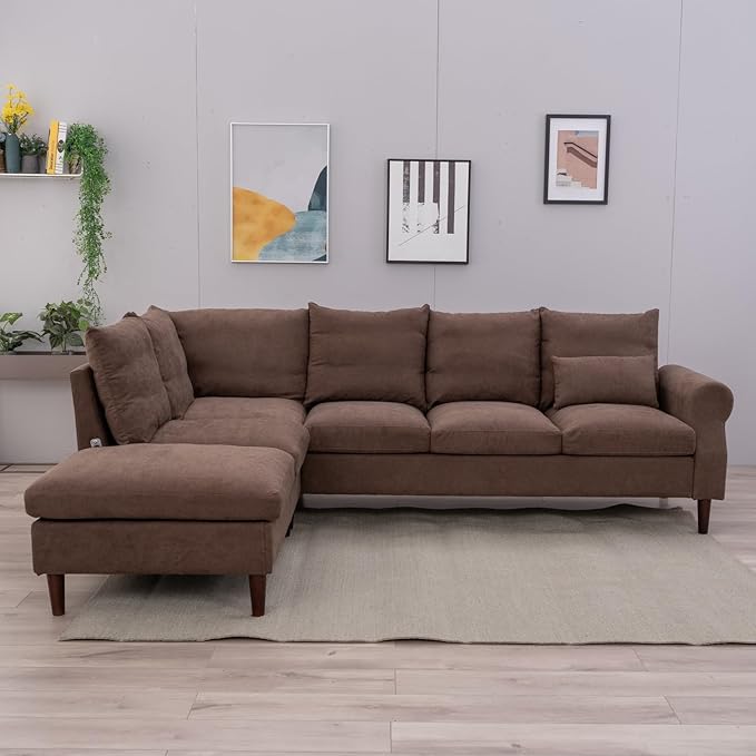 Panana Upholstered Sofa Couch Linen Fabric/Artificial Leather L Shaped Corner Sectional Modern Living Room Sofa (Brown Linen 6 seat Left Corner with Built-in USB Port)