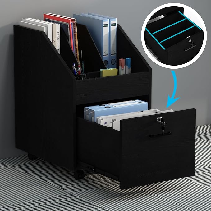 Mobile File Cabinet with LockUnder Desk Rolling File Cabinets for Home OfficeWood Filing Cabinet (Black)