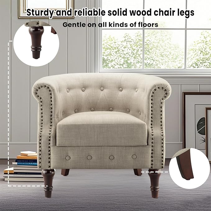 Comfy Fabric Barrel Chair Armchair with Soft Padded Classical Club Chair with Thicken Cushion Upholstered Tub Chair Reading Chair for Living Room Bedroom Waiting Room Office Beige