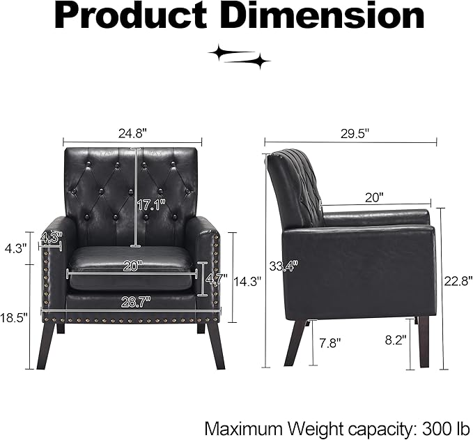 Mid Century Modern Accent Chair Black Faux Leather Office Chair for Reception - Tufted Leather Club Chair for Living Room Bedroom or Waiting Room
