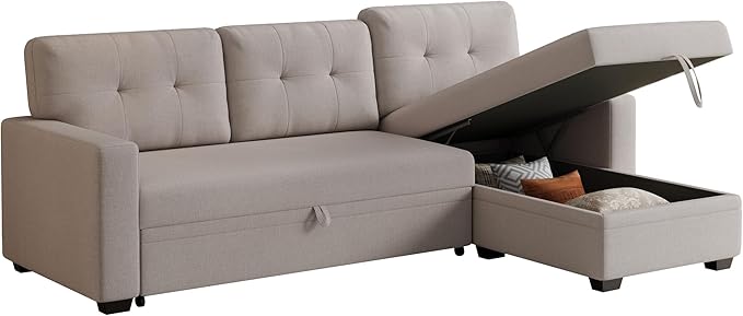Ball &amp Cast Convertible Sectional Sleeper Sofa Bed L Shaped 4 in 1 Pull Out Couch with Reversible Storage Chaise &amp Removable Back CushionsSleeper Corner Pull Out Sofa Bed Couch for Living Roo