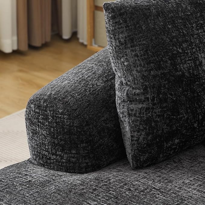 Oversized Chaise Longue Chair Indoor Modern Upholstered Chenille Deep Seat Sofa Bed with Throw Pillows and Armrests Sleeper Sofa Couch for Living Room Bedroom Apartment (Black)