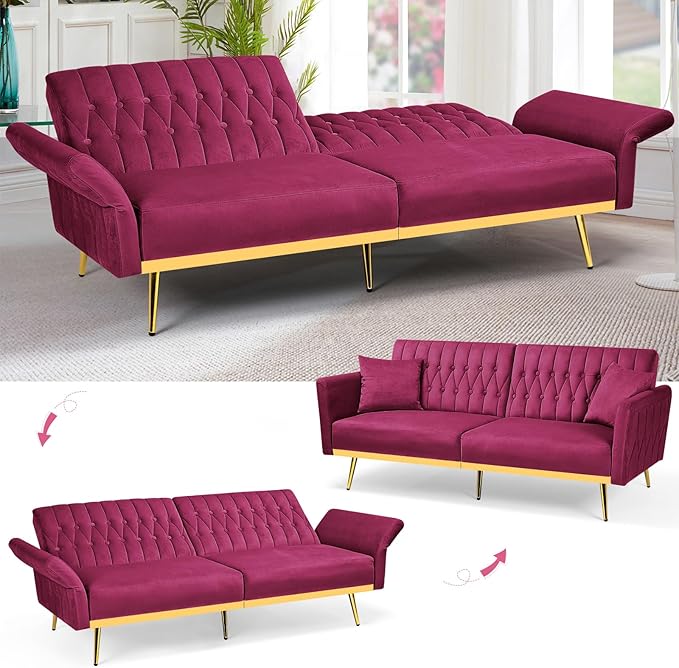 70” Velvet Futon Sofa Bed with 2 Pillows and Adjustable Armrests Convertible Sleeper Bed W/Adjustable Backrests Modern Loveseat for Living Room Bedroom Fuchsia