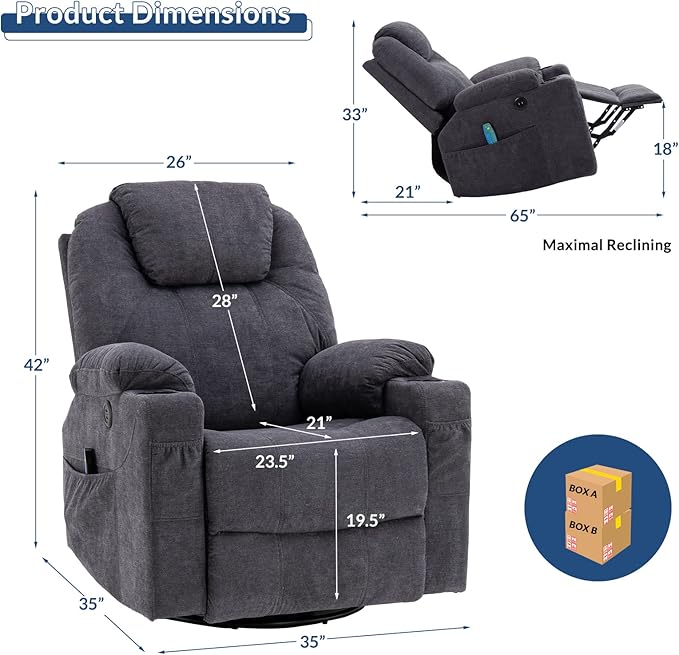 Manual Swivel Rocker Recliner Chair with Heated Massage Ergonomic Lounge 360° Glider Rocking Fabric Lounge Chair Sofa Seat with 2 Cup Holders Side Pockets &amp USB Ports for Living Room Grey