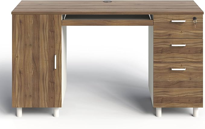 Modern Design Venice Computer Office Desk with 3 Locking Drawers and Storage Cabinet 53 Inch Home and Office Executive Walnut and White Desk with Keyboard Tray by Crafts and Comfort