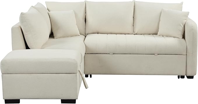 LUMISOL 82.6 Convertible Sleeper Sofa Bed with Storage Ottoman L-Shaped Sectional Sofa with Charging Stations Pull Out Sofa Couch with Chaise for Living Room Apartment Beige