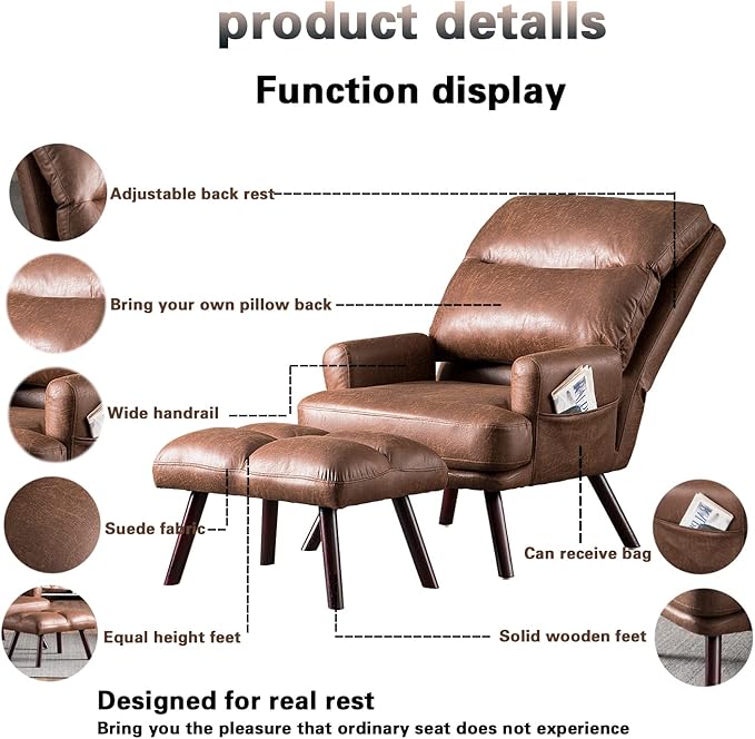 HOOOWOOO Living Room Chair Ottoman Set with Recliner Accent Chair and Ottoman with Side Bags Comfy Mid Century Modern Chair for Reading Watching NappingDark Brown Faux Suede Chair