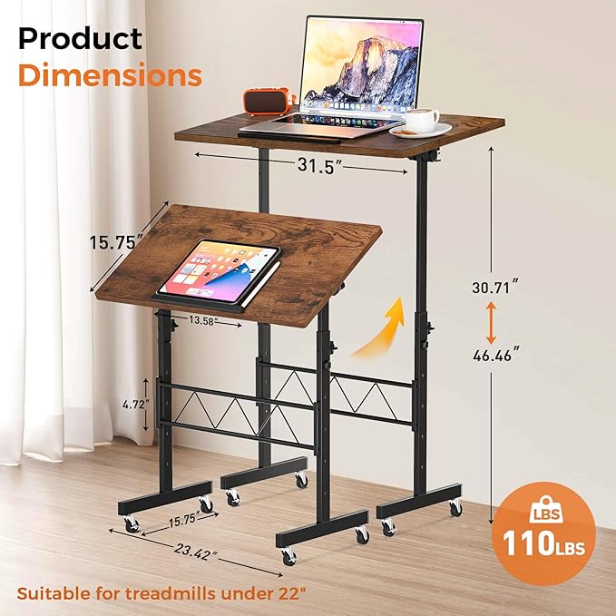 COMHOMA Small Standing Desk Adjustable Height &amp Tiltable Tabletop Mobile Stand Up Desk for Laptop Portable Computer Table for Home Office Work and Walking Pad Treadmill Height 30.7-46.4 Brow