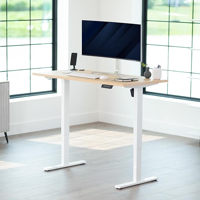 VIVO Electric 55 x 28 in Standing Desk Memory Height Adjustment 1B Series Holds 220 lbs One-Piece Light Wood Top White Frame DESK-KIT-1W55C
