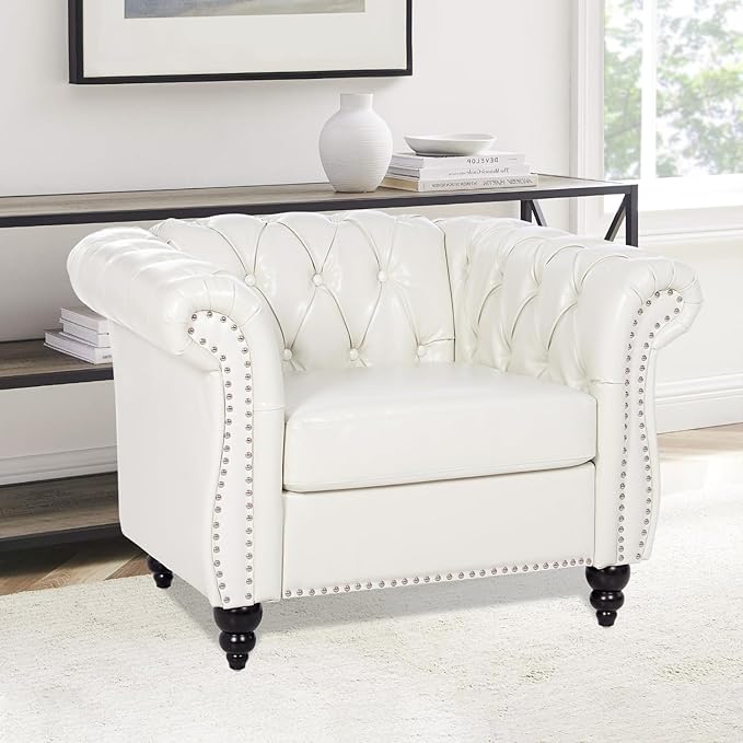 Chesterfield Faux Leather Chair | White Tufted Arm Deep Seat Accent Chair Living Room/Bedroom