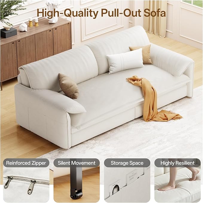 66 Queen Pull Out Couch BedVelvet 3-in-1 Queen-Size Sleeper SofaConvertible Pull-Out Sofa Bed with Side PocketsSleeper Loveseat for Living RoomApartment Offices (Beige)