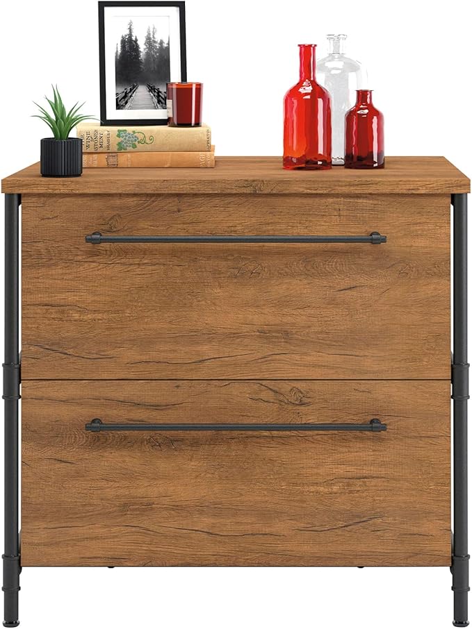 2 Drawer Lateral Small File Cabinet with Lock Under Desk Locking Drawers Storage Cabinet Organizer for HomeOffice Engineered Wood Filing CabinetsBrown