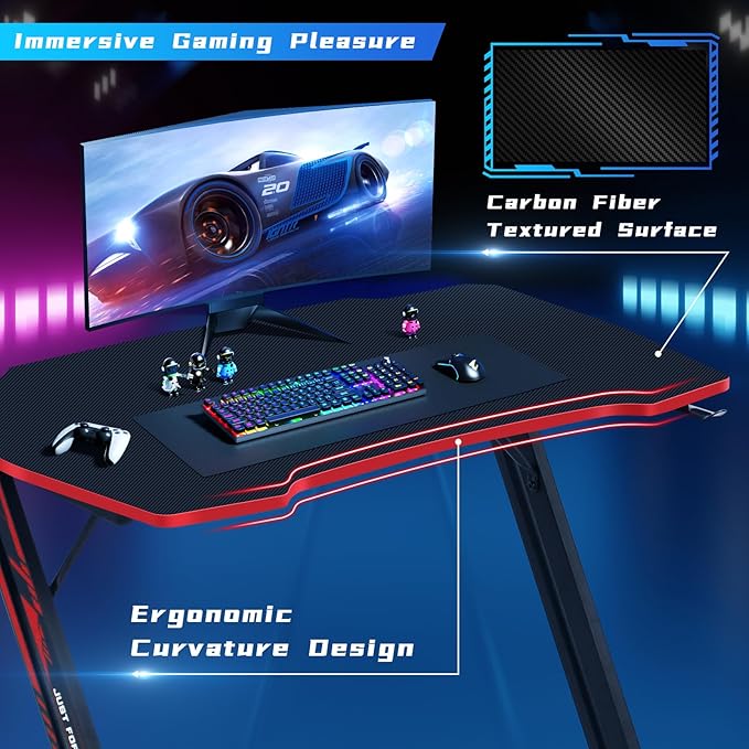 Gaming Desk 35 Inch Z-Shaped Gaming Computer Desk Modern Ergonomic PC Computer Table Home Office Desk Racing Style Gaming Workstation with Headphone Hook Red