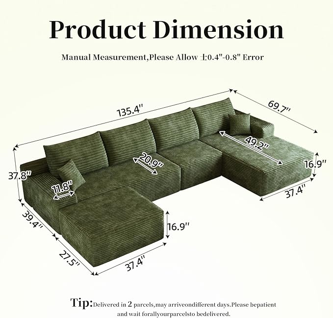 135.4 Oversized U-Shaped Couches Cloud Modular Sectional Sofa with Ottoman for Living Room Deep Seat Boneless Couch 1600lb Weight Capacity No Assembly Required (Green Right Facing Chaise)