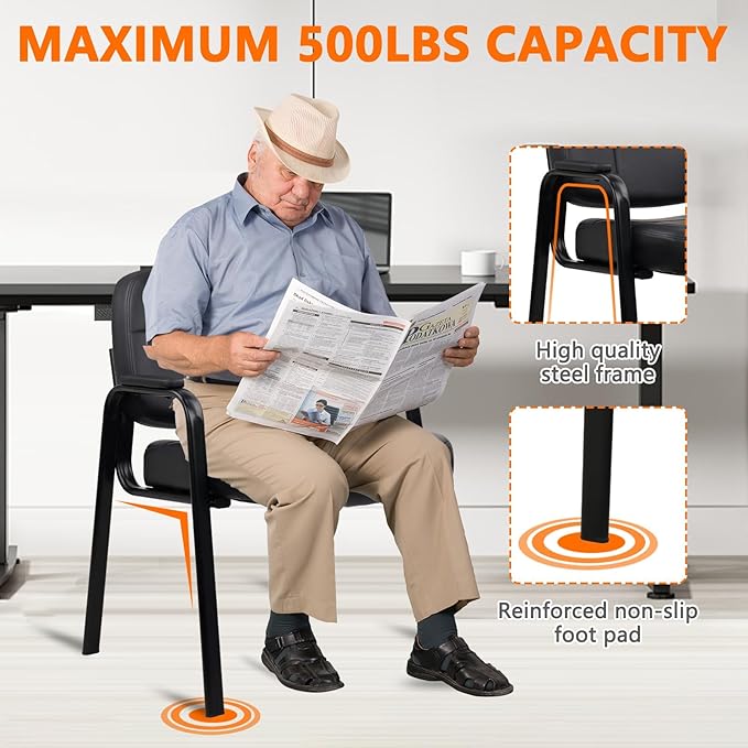 CLATINA Big &amp Tall 500 lbs Waiting Room Guest Chair Leather Office Reception Chair No Wheels with Padded Arms for Elderly Home Desk Conference Room Lobby Side Salon Clinic Black(4 Pack)