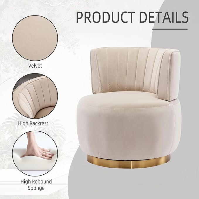 25.2 360 Degree Swivel Barrel SofaRound ArmchairsUpholstered Velvet Sofa ChairComfy Round Accent Sofa Chair for Living RoomBedroomOfficeWaiting RoomsBeige