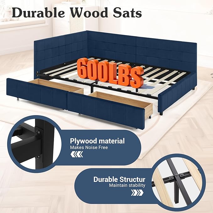 Queen Corner Bed Frame with Storage Drawers Modern Velvet Upholstered Sofa Day Bed Frame with Wood Slats for Living Room Bedroom Guest Room No Box Spring Needed Dark Blue