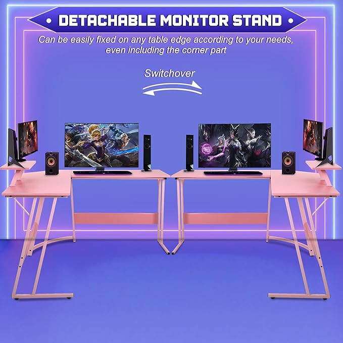 NChanmar L Shaped Gaming Desk with Monitor Riser Stand Home Office Corner Desk for Studying Working and Gaming Large Desktop Pink