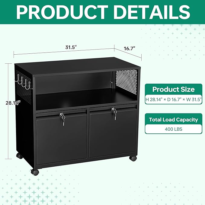 Letaya Mobile 2 Drawer File Cabinet with Lock Metal Lateral Printer Stand Filing Storage Cabinets with Shelves for Home Office-A4/F4/Letter (Black)