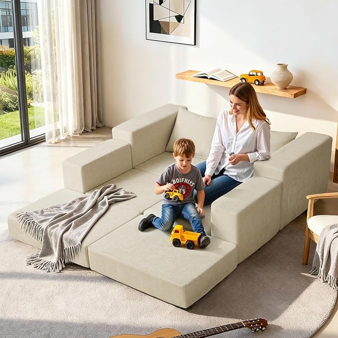 Modular Convertible Loveseat Sleeper Sofa Bed Chenille Upholstered Sectional Boneless Couch for Living Room L Shaped Foam Cloud Couch in Box Customizable Floor Sofa Bed (No Assembly Beige)