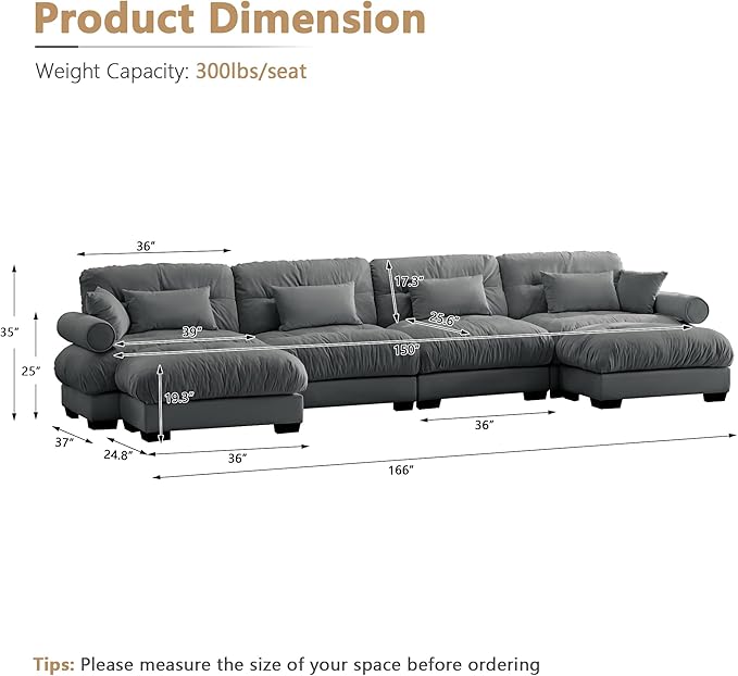 Oversized Modular Sectional Sofa 166 Inch U Shaped Couch Set for Living Room 4-Seater Comfy Velvet Cloud Couches with Movable Ottoman Round Bolster Armrest Grey