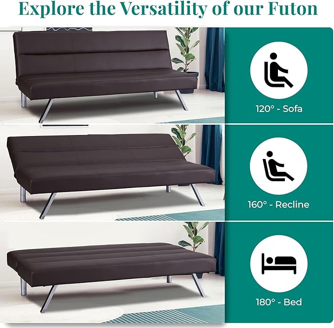 Naomi Home Futon Sofa Bed Faux Leather Futon Couch Modern Convertible Folding Sofa Bed Couch with Chrome Legs Reclining Mini Leather Small for Bedroom Living Room Espresso