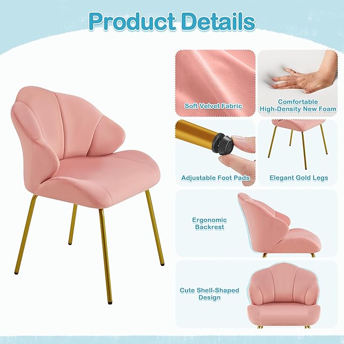 Yaheetech Vanity Chair Velvet Accent Chair with Shell-Shaped Backrest Modern Armchair with Gold Metal Legs for Dressing Room/Bedroom/Living Room Pink
