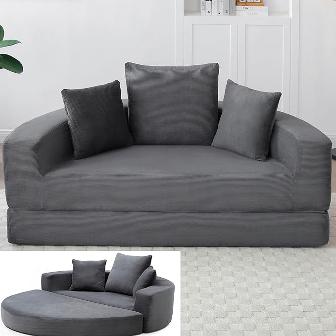 Grey Boneless Loveseat Couch - 67 Circular Convertible Sofa Bed No Assembly Corduroy Folding Floor Futon with Pillows for Small Spaces (Grey)