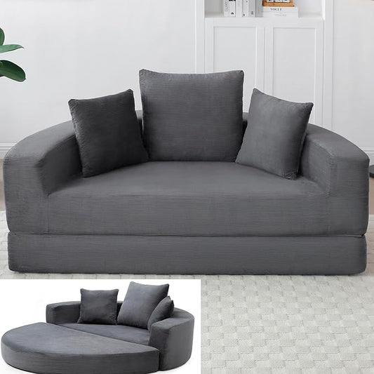 Grey Boneless Loveseat Couch - 67 Circular Convertible Sofa Bed No Assembly Corduroy Folding Floor Futon with Pillows for Small Spaces (Grey)