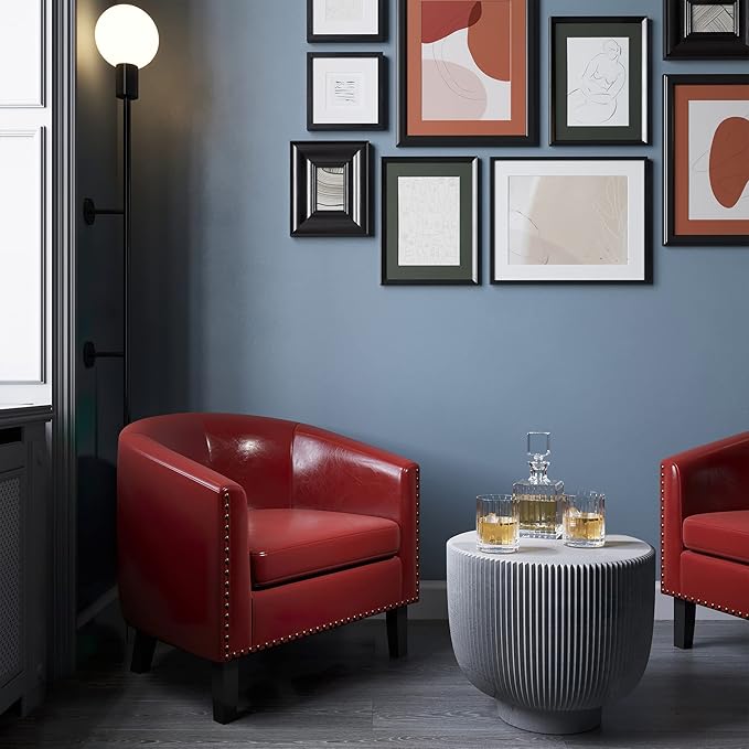 BELLEZE Accent Barrel Chair Modern Tub Club Chair Upholstered Armchair for Living Room Faux Leather Chair with Gold Nail Head Trim Black Legs - Kyara (Red)