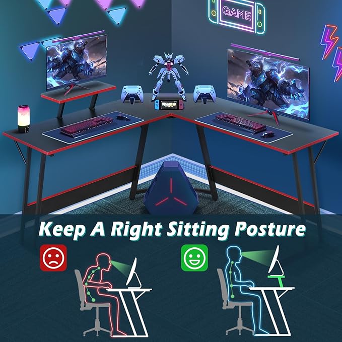 L Shaped Gaming Desk 51 Inch Computer Corner Desk Home Office Desks PC Gaming Table with Monitor Riser Stand for Home Office Writing Workstation Black