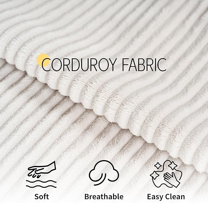 VanAcc 89in Comfy Couch 3 Seater Sofa with Wood Legs Deep Seat Sofa- White Corduroy Modern Couch for Living Room