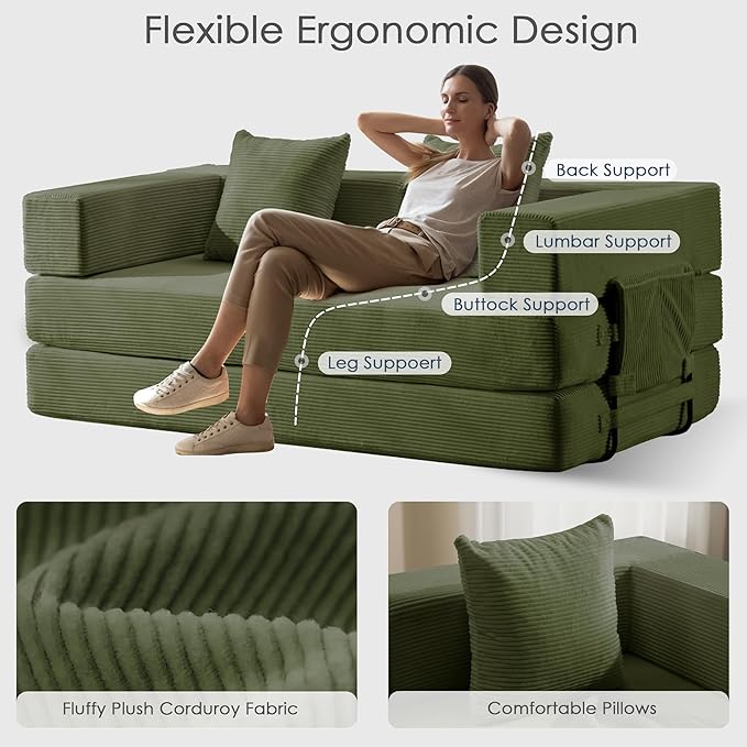Convertible Sleep Sofa Bed with Armrests and Backrest Corduroy Folding Couch with 2 Pillow Modular Sectional for Living Room Bedroom Studio-No Assembly NeededGreen