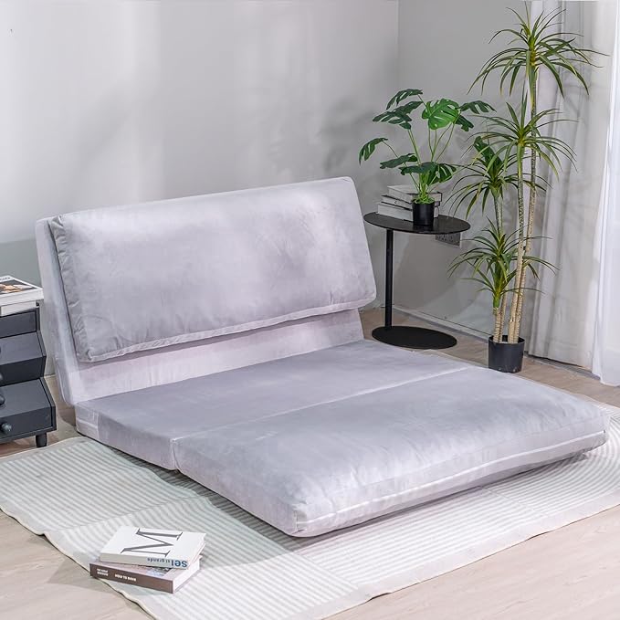 Tantohom Floor Sofa Bean Bag Bed Foam Filling Fold Full Mattress with Washable Soft Faux Fur Cover Couch for Bedroom Living Room (Grey Large)