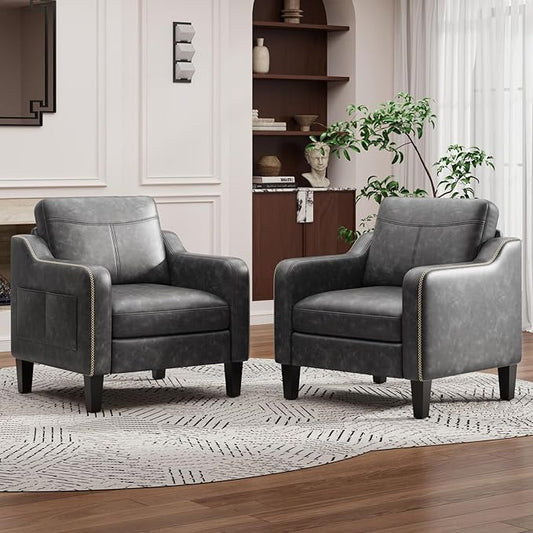 PU Leather Accent Chair Set of 2 Mid-Century Modern Living Room Armchair Sofa with Removable Cushions Solid Wood Frame &amp Stitched Armrest Design Bedroom Chair with Plastic Legs Black