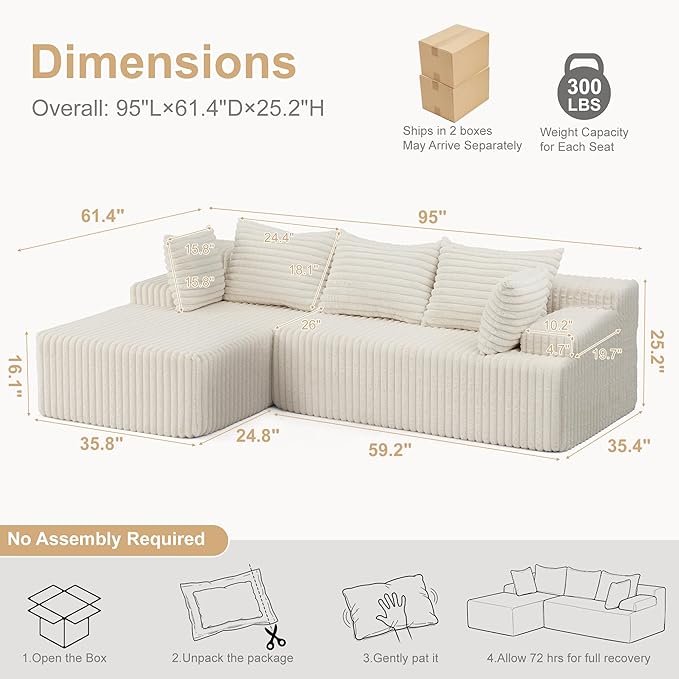 Redlife 95 L-Shaped Modular Sectional Sofa Faux Rabbit Fur Modular Floor Couch with Chaise High-Density 30D Foam Sponge No Assembly Required 5 Pillows Compressed for Living Room (Beige)