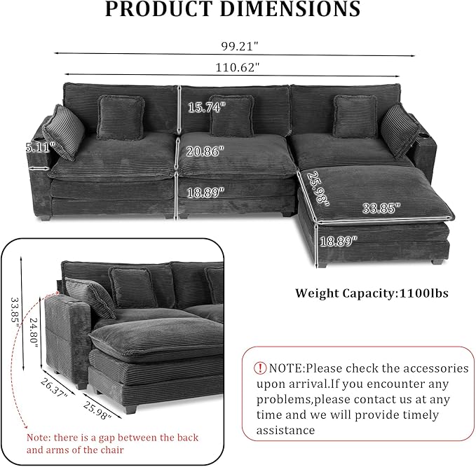 Gexpusm Modular Sectional Sofa99 Couches for Living RoomCorduroy Sofa with Ottoman &amp PillowCloud Sectional Couch with Cup Holders &amp USBSide Pockets3-Seat Corduroy Boneless Chair Indoor (