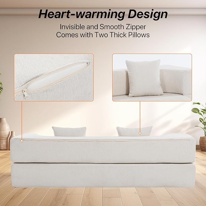 Folding Sofa Bed Convertible Futon Sleeper Bed 2-in-1 Foldable Floor Mattress with 2 Pillows Breathable High-Density Foam Lazy Couch Comfy Lounge Chair Twin Size Beige