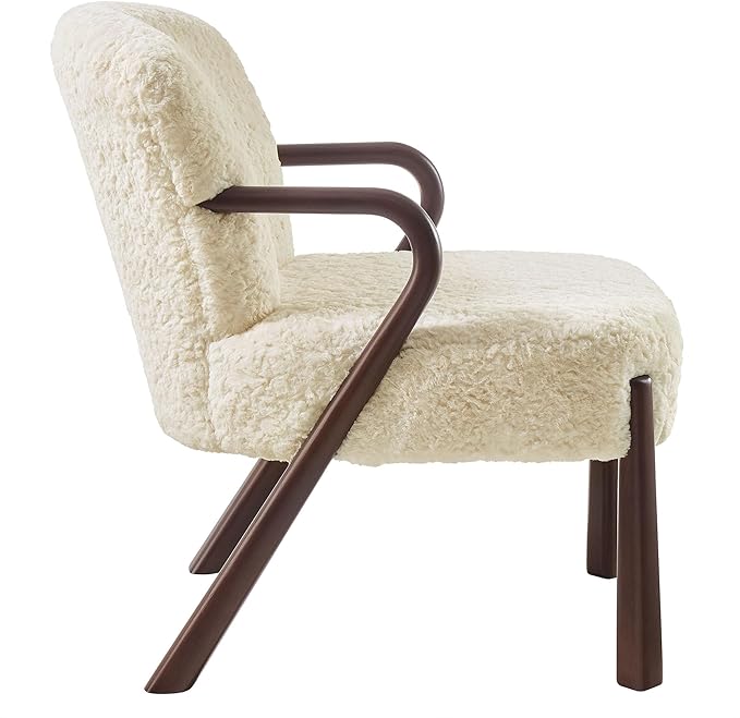 Modway Arden Faux Shearling Upholstered Accent Armchair in Ecru – Mid-Century Modern Fuzzy Lounge Chair with Curved Wood Frame