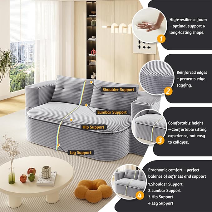 Convertible Sleeper Sofa Folding Futon Corduroy Floor Foam Compression Loveseat Sofa Bed Couch Foldable Full Size Guest Bed with 2 Pillows for Living Room Bedroom Apartment