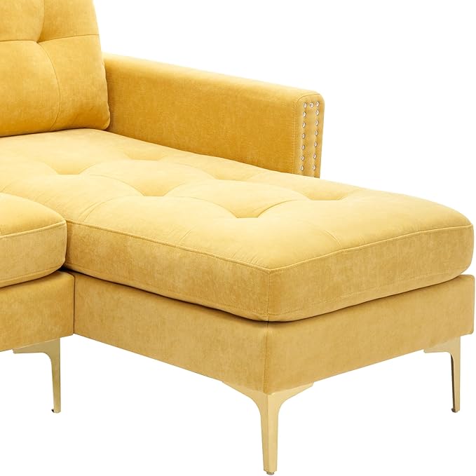 Merax Velvet L-Shape Sofa 4 Seat with Chaise and Movable Ottoman 110.6 Sofa Couch for Living Room Apartment Office (Yellow)