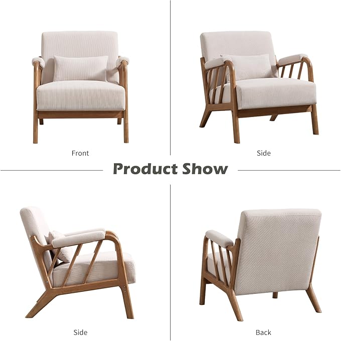 Mid Century Modern Accent Chair with Solid Wood Frame Upholstered Living Room Chairs with Lumbar Cushion Padded Arms Reading Armchair for Bedroom Set of 2 Beige