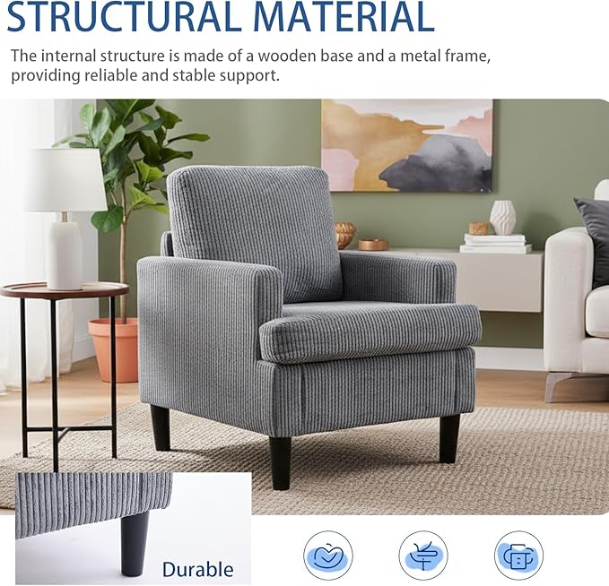 Modern Accent Chair Cozy Living Room Chairs Mid Century Modern Accent Chairs Reading Chair with Armrests for Living Room Bedroom and Study（Grey）