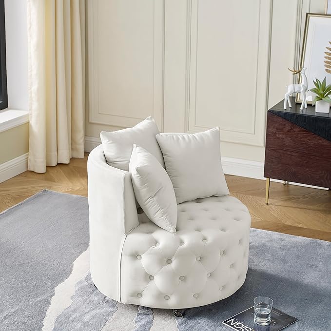 360° Swivel Accent Barrel Chair Velvet Comfy Round Chair with Button Tufted Design &amp 4 Moveable Wheels Upholstered Modern Lounge Reading Chairs for Living Room Bedroom Apartment Clubs(Beige)