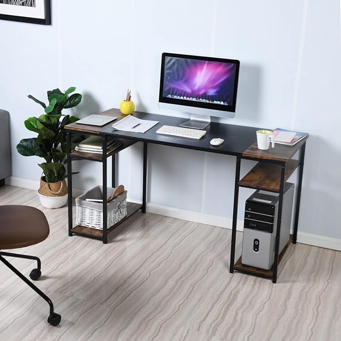 FurnitureR Home Office Desk Wood Top L47.2 Contemporary Writing Table with 4 Storage Shelves for Home Office Study Living Room Computer Desk Brown&ampBlack