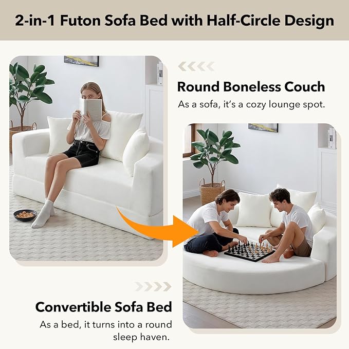 Round Boneless Couch Corduroy Upholstered Folding Convertible Sofa Bed with Pillows 2-in-1 Futon Sofa Bed with Half-Circle Design Comfy Loveseat for Living Room Apartment (Beige)