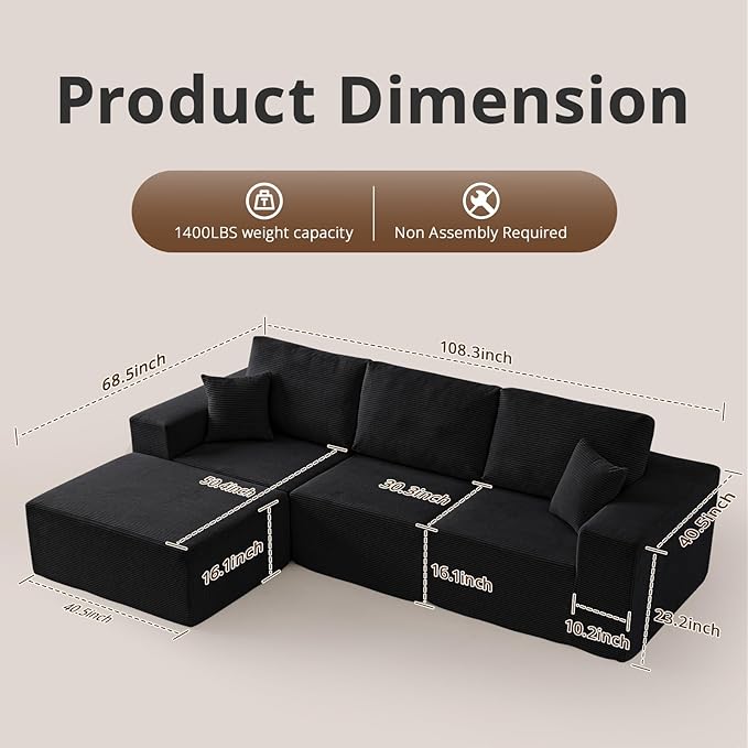 108 L-Shaped Boneless Couch Modular Sectional Sofa with Moveable Ottoman Corduroy Cloud Couches for Living Room No Assembly Ship in a Box Black