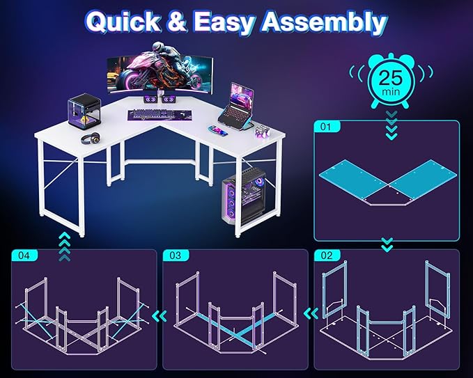 Casaottima L Shaped Gaming Desk Corner Desk Gaming Table for Home Office Computer Desk Sturdy Writing Workstation for Small Space Easy to Assemble 51 inch Carbon Fiber Surface White