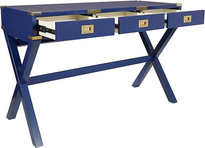 OSP Home Furnishings Wellington 46-Inch Writing Desk with Power Hub and 3 Storage Drawers Lapis Blue
